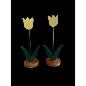 Vintage Hand Made Folk Art Wooden Tulips Yellow And Green Free Standing